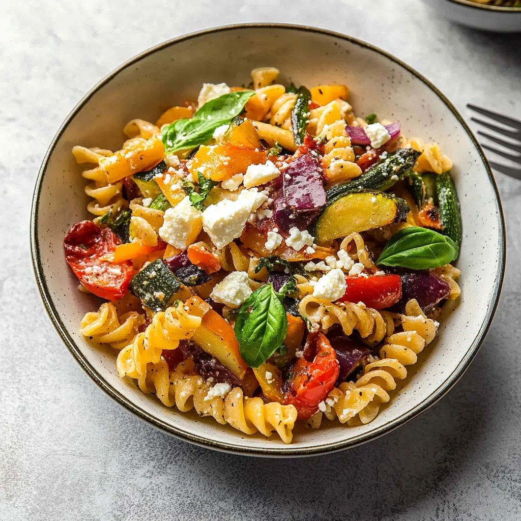 A bowl of pasta with vegetables and cheese.