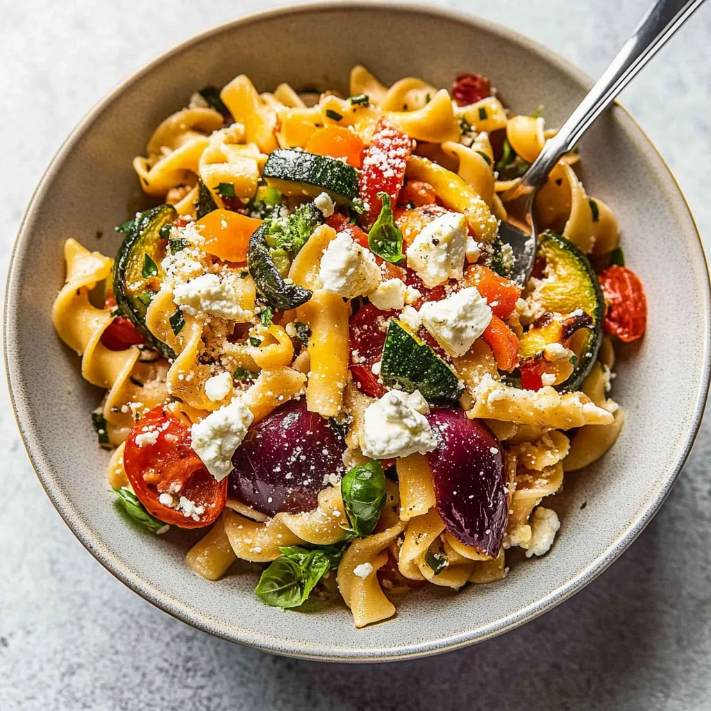 A bowl of pasta with vegetables.
