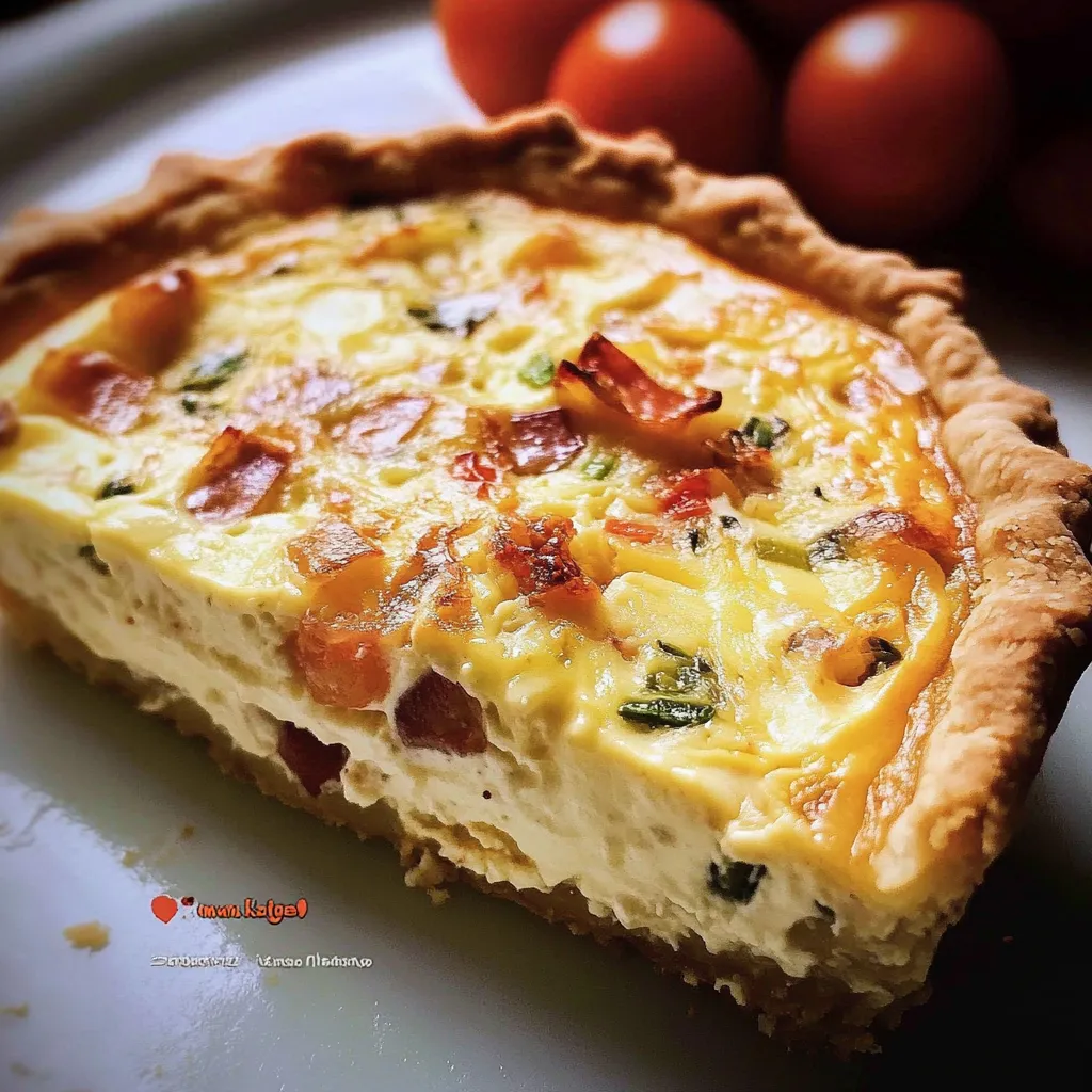 A slice of quiche with bacon and cheese.