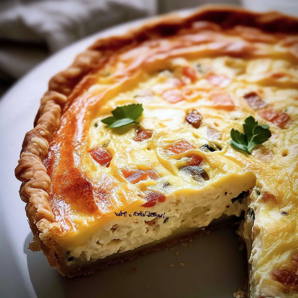 A slice of quiche on a plate.