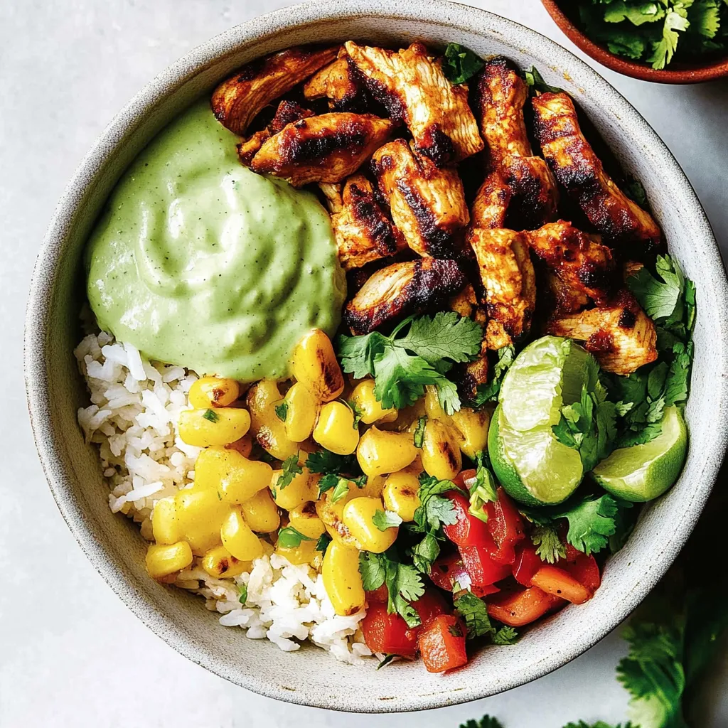 A bowl of food with rice, corn, tomatoes, lime, and chicken.