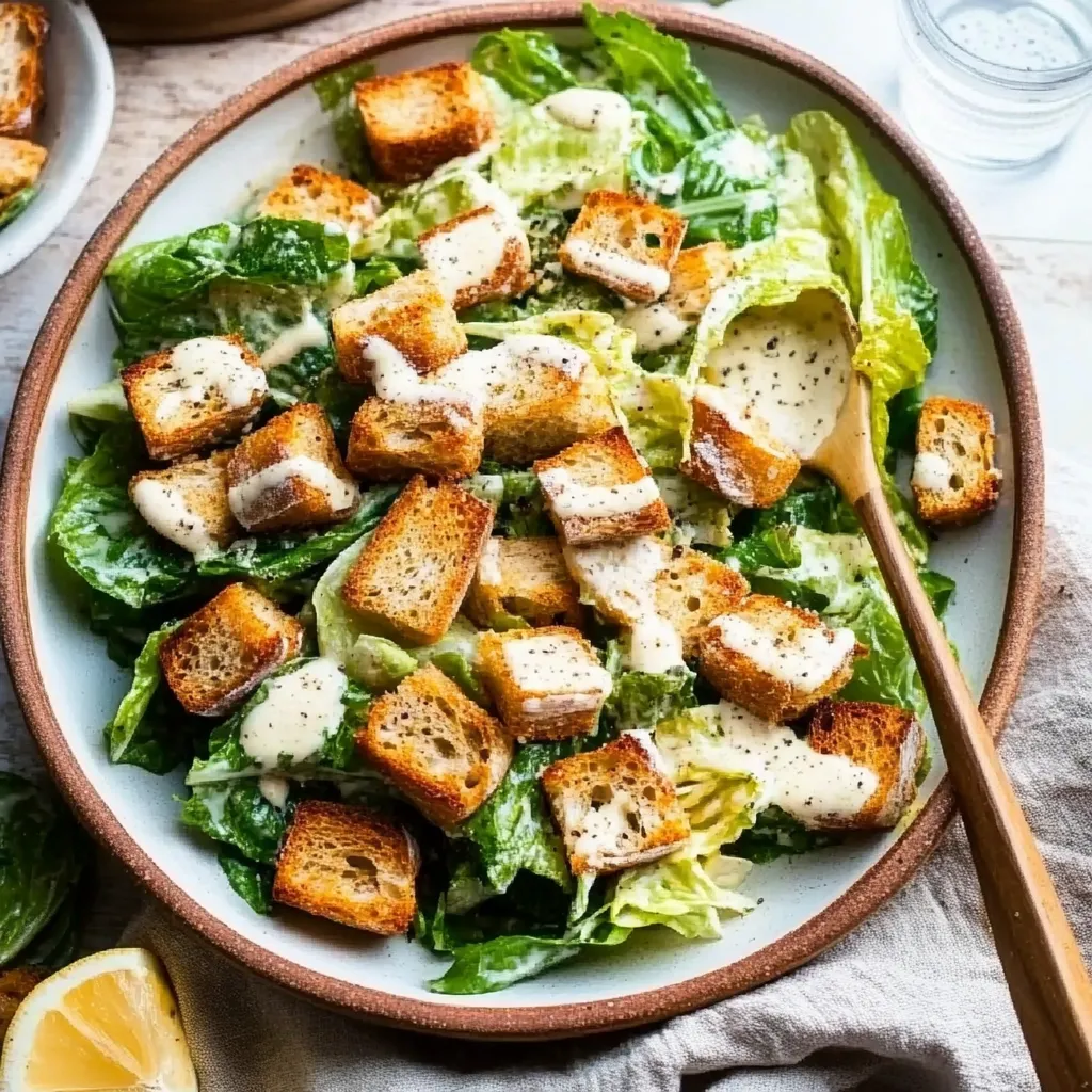 A bowl of salad with bread croutons and a lemon wedge.