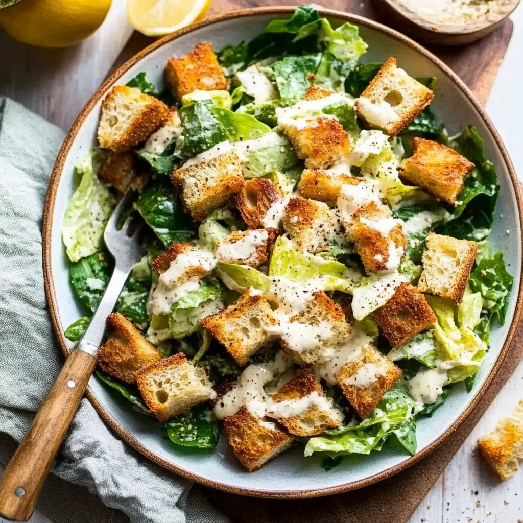 A plate of salad with bread croutons and lemon wedges.