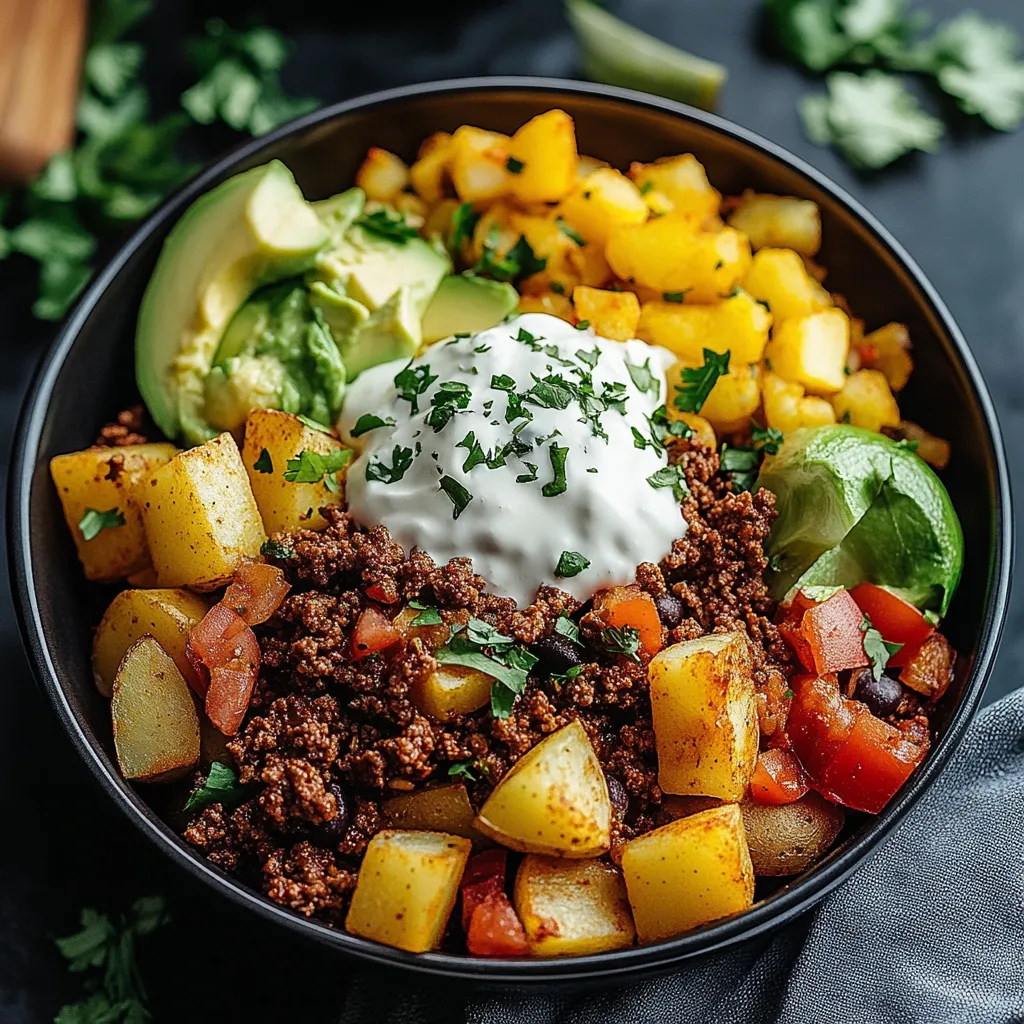 A bowl of food with a dollop of sour cream on top.
