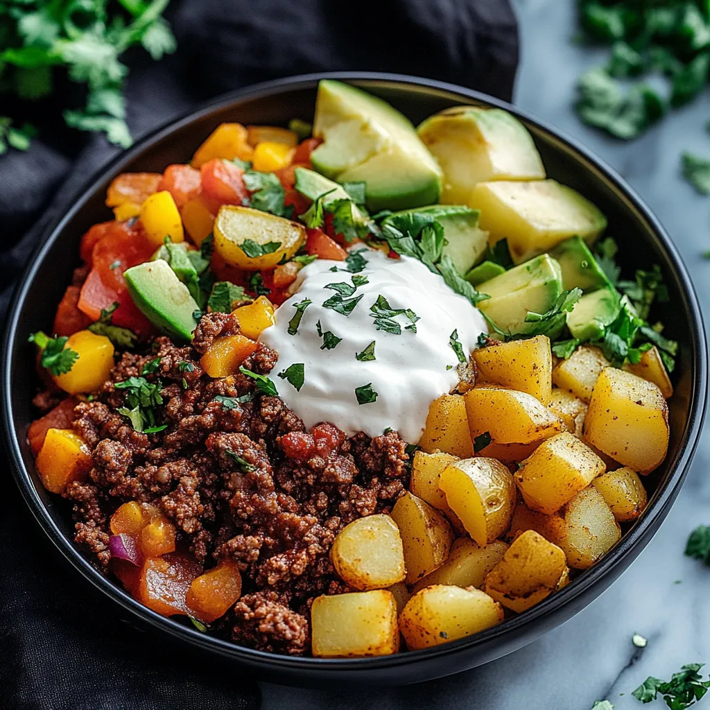 A bowl of food with potatoes, avocado, and sour cream.