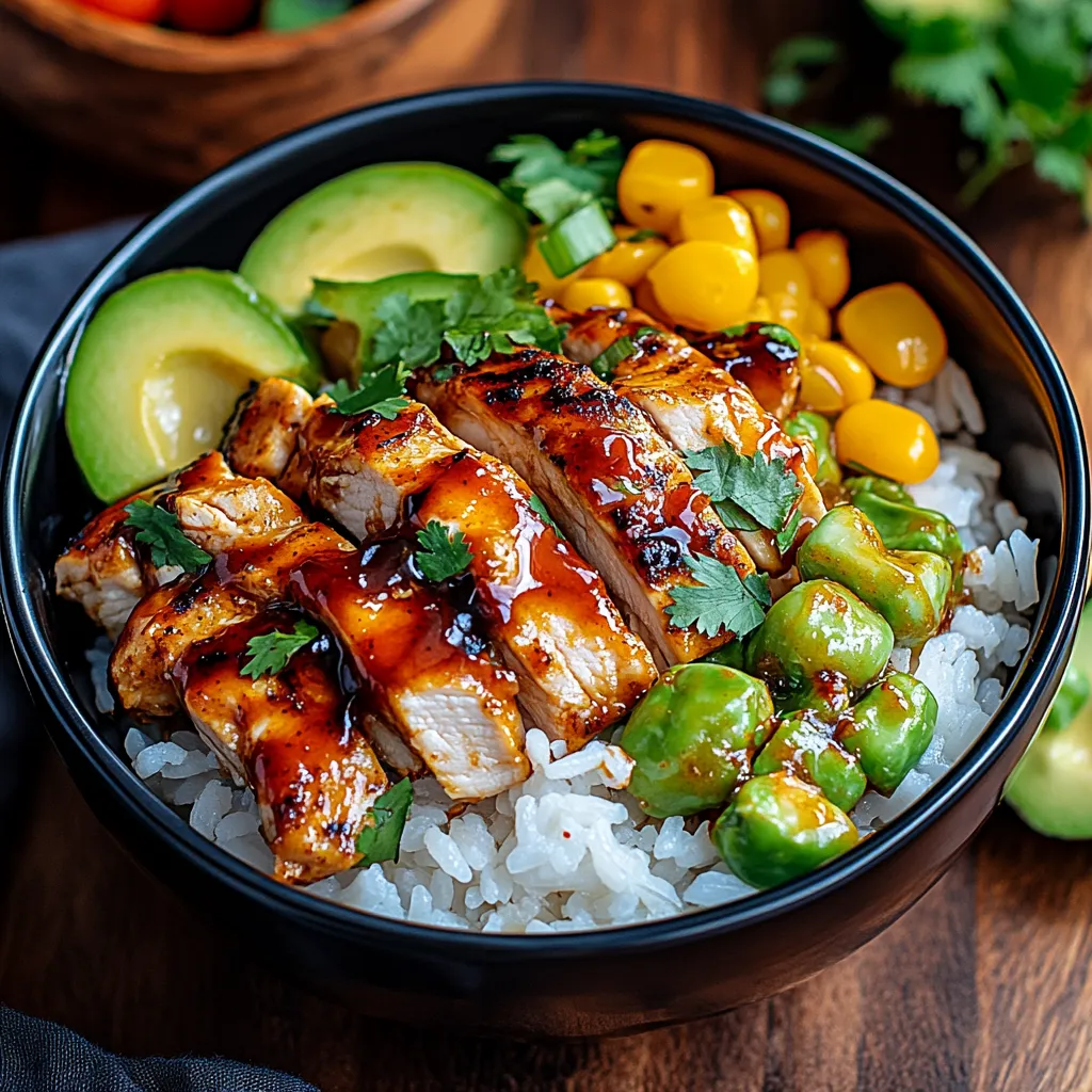 A bowl of food with rice, meat, and vegetables.