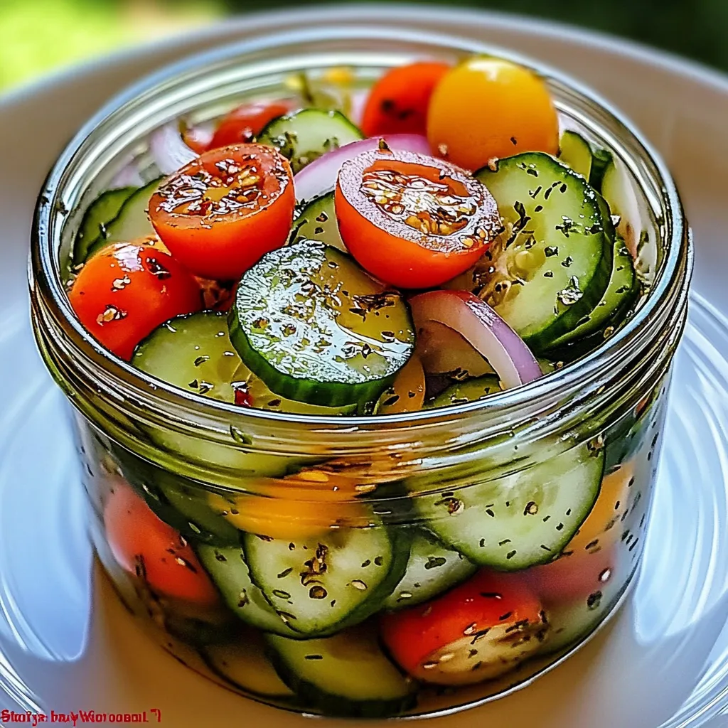 A glass jar filled with sliced cucumbers and tomatoes.