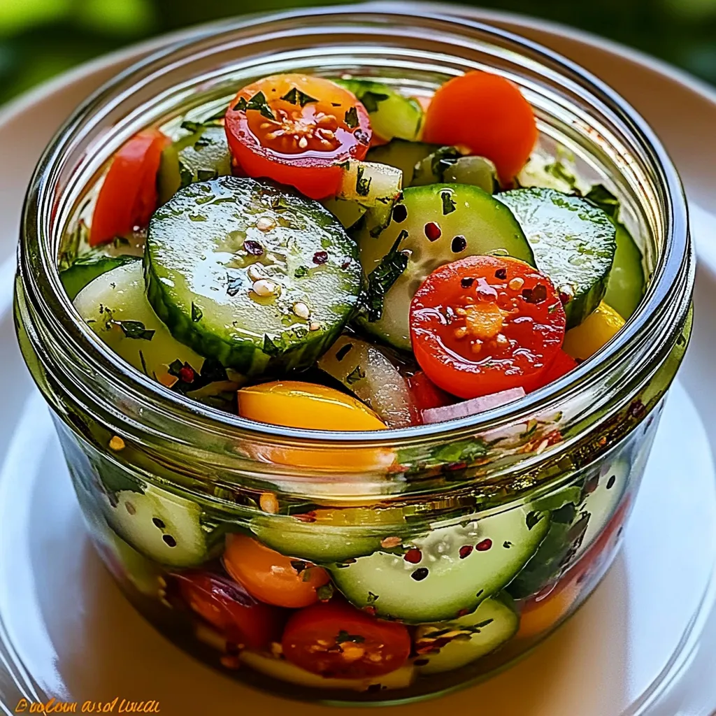 A glass bowl filled with sliced cucumbers and tomatoes.
