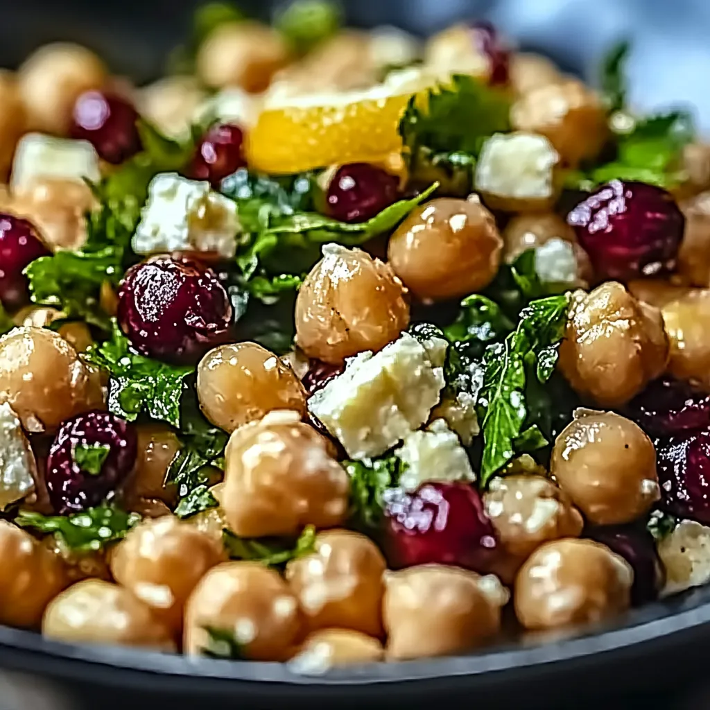 A bowl of food with chickpeas, cranberries, and cheese.
