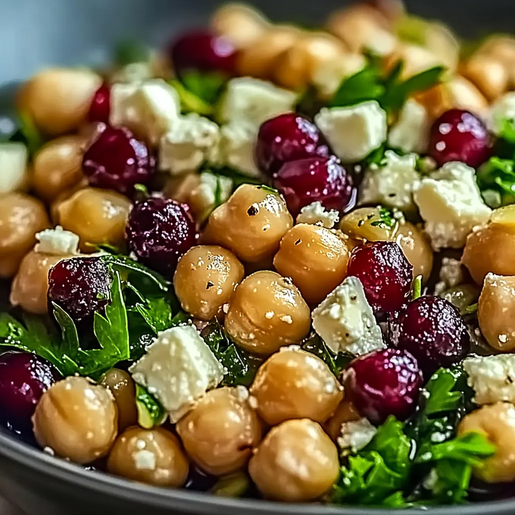 A bowl of food with chickpeas, cheese, and red berries.