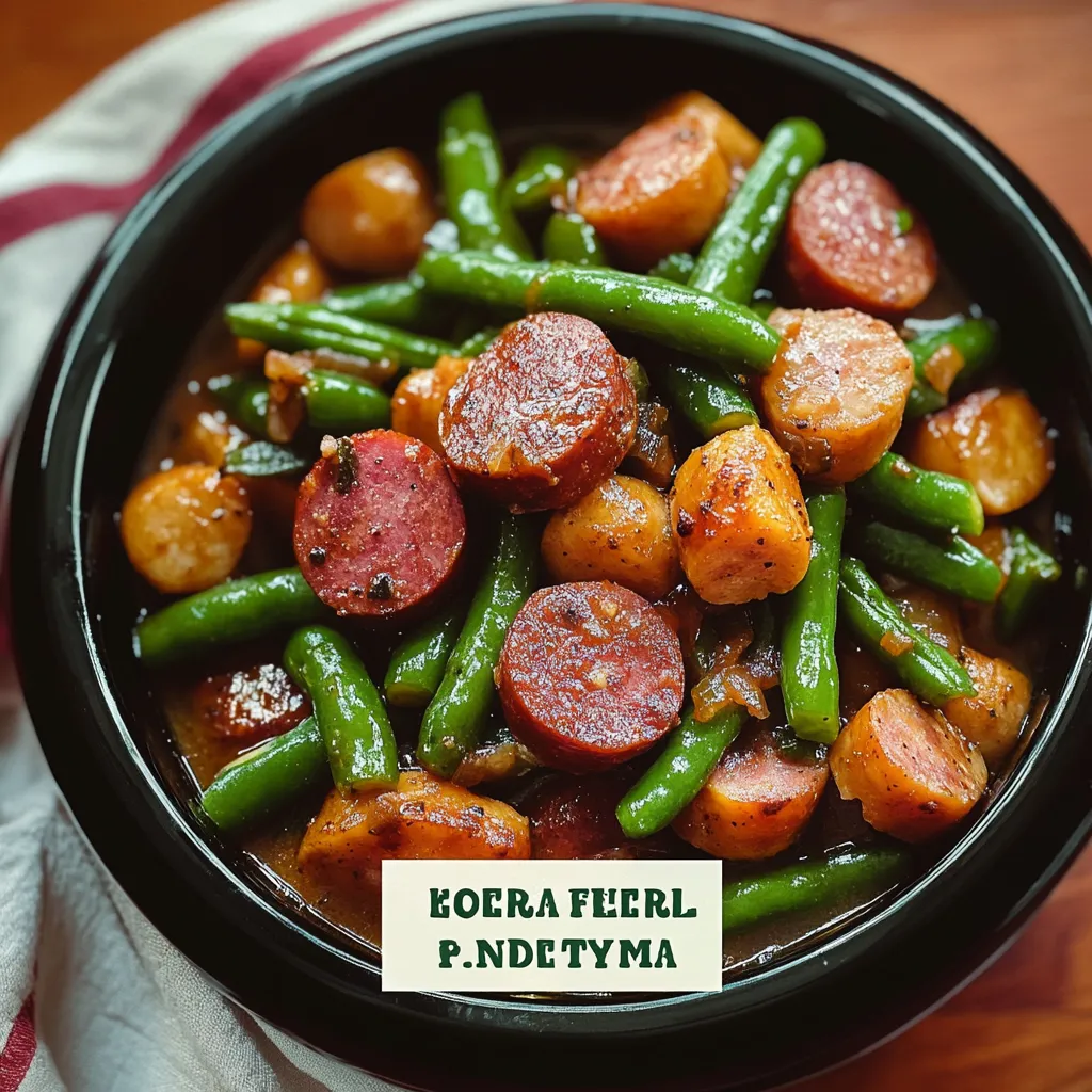 A bowl of food with sausage, green beans and potatoes.