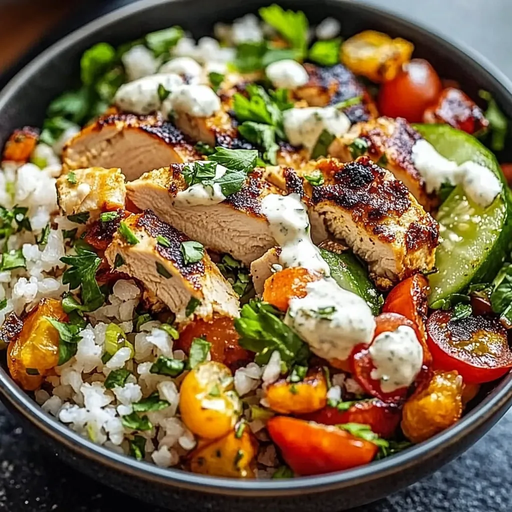 A bowl of food with chicken, tomatoes, and rice.