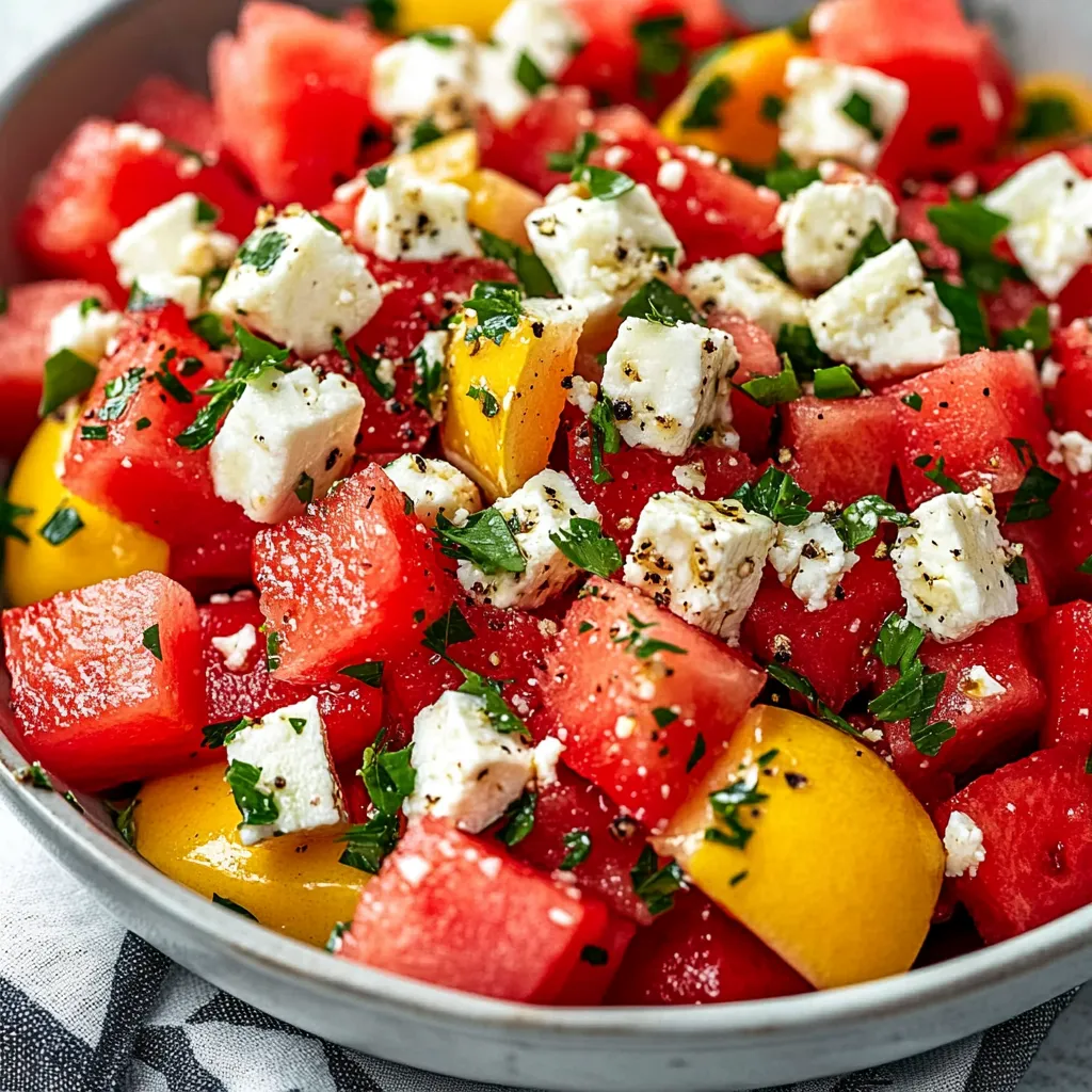 A bowl of watermelon with feta cheese.