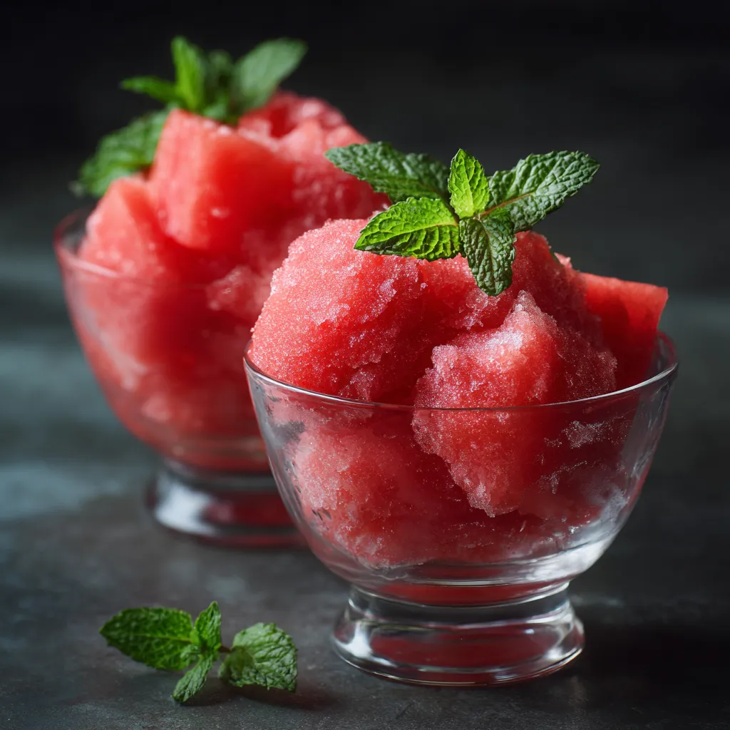 Two glasses of watermelon with mint leaves on top.