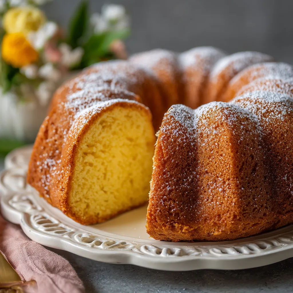 A cake with powdered sugar on top.