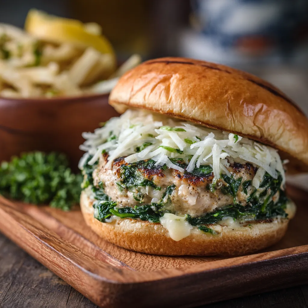 A burger with cheese and greens on a wooden tray.