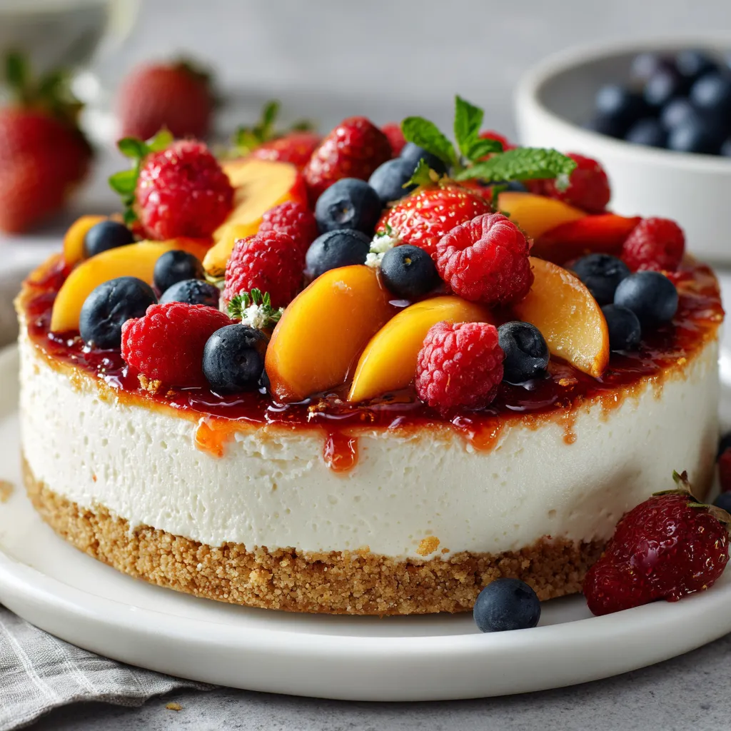 A slice of cake with strawberries and blueberries on top.