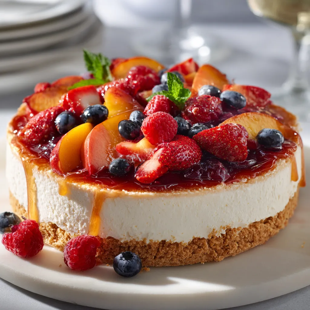 A slice of cheesecake with fruit toppings.