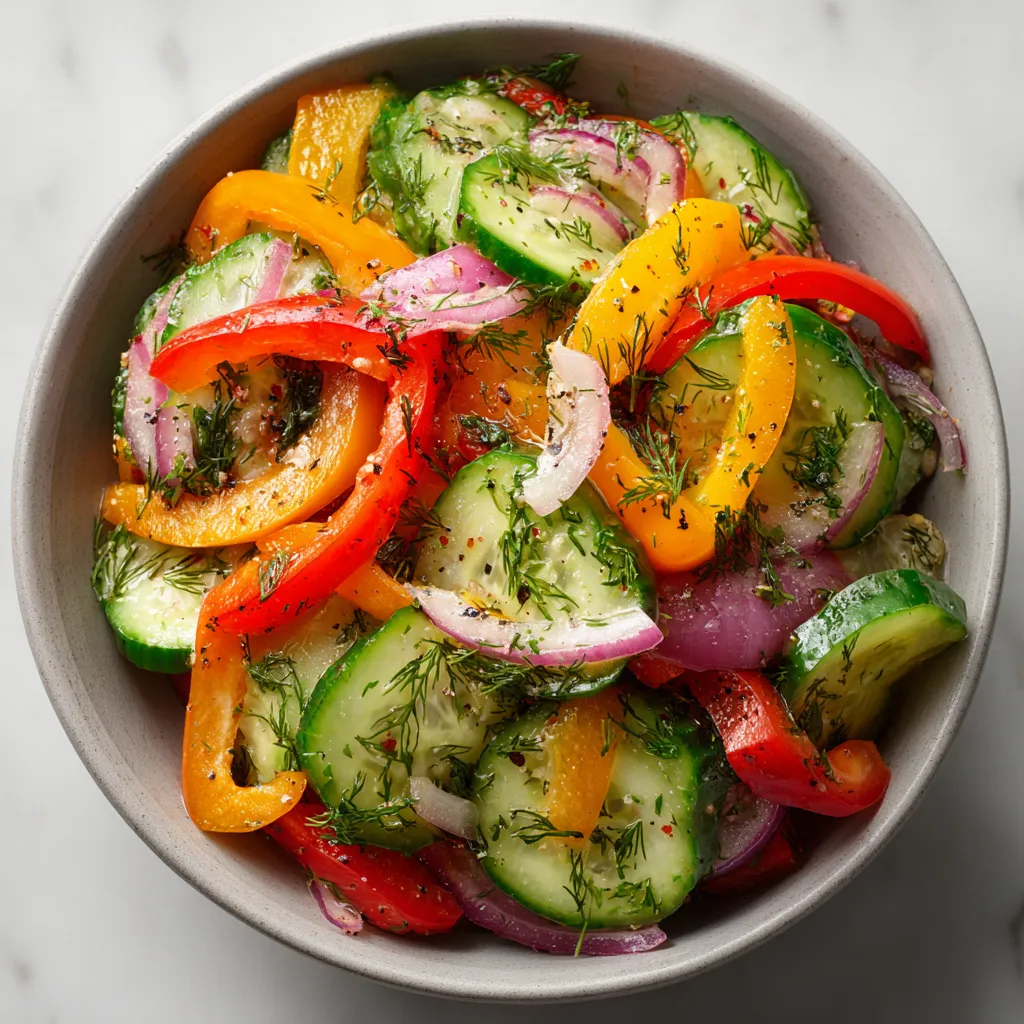 A bowl of vegetables including peppers, onions, and cucumbers.
