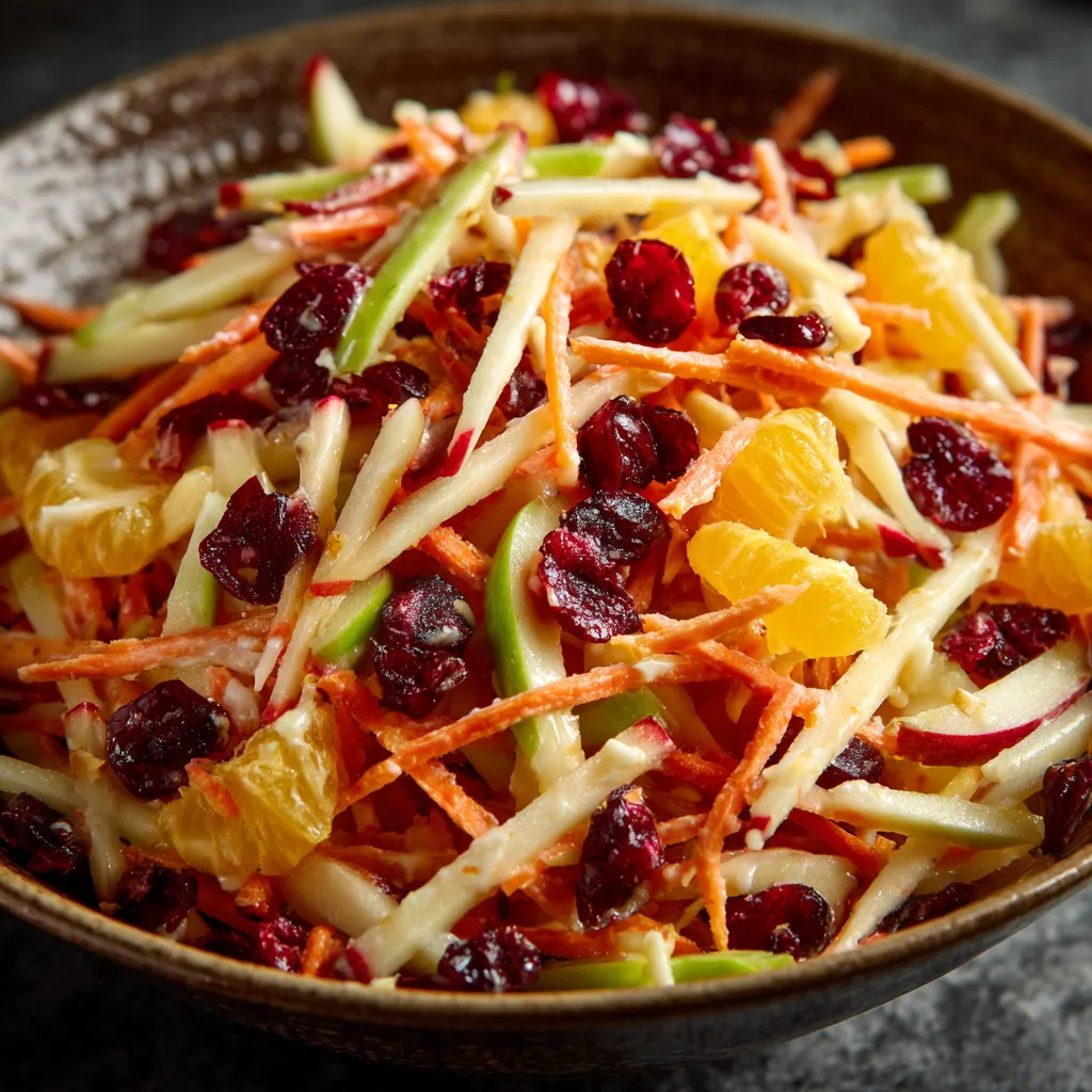 A bowl of fruit salad with carrots, apples, and oranges.