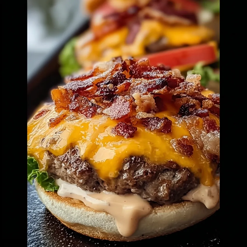 A cheeseburger with bacon on top.
