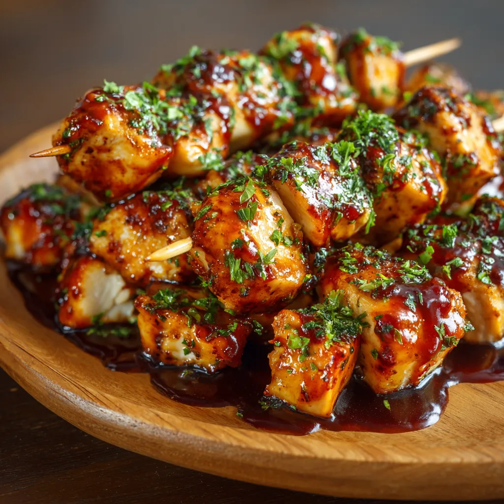 A wooden platter with marinated meat skewers.