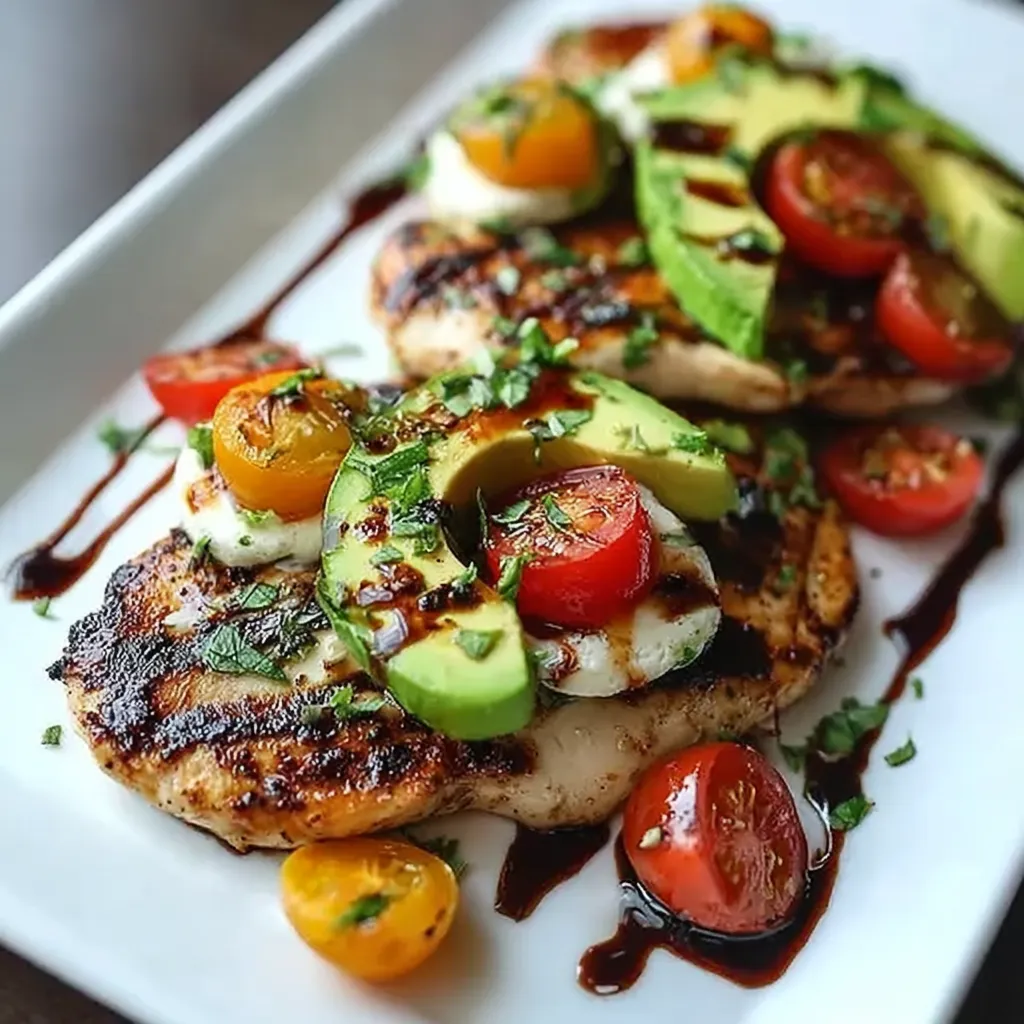 A plate of food with chicken, tomatoes, and avocado.