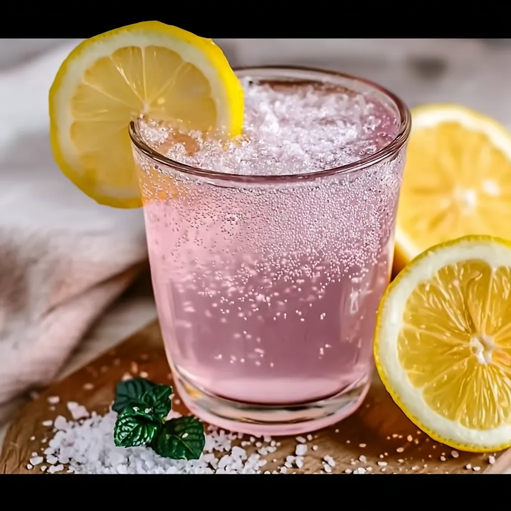 A glass of pink lemonade with lemon slices.