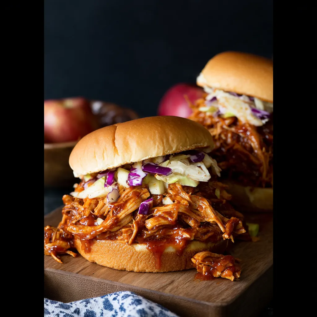 Two sandwiches with meat and vegetables on a wooden cutting board.