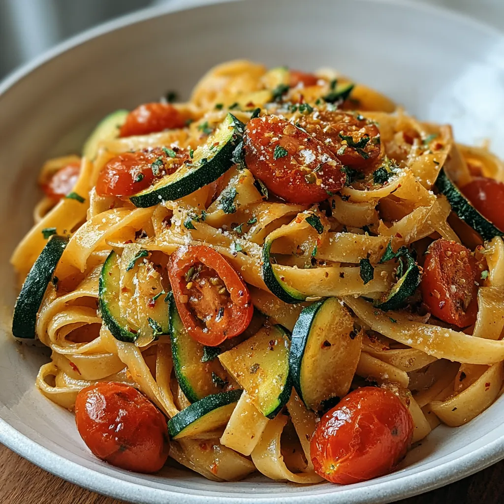 A bowl of pasta with tomatoes and zucchini.