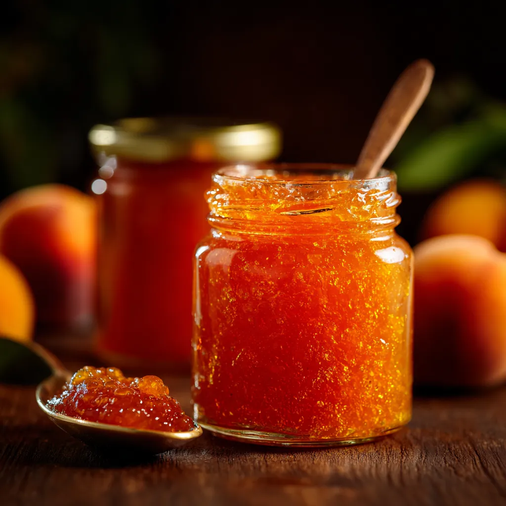 A jar of peach jam sits on a table.