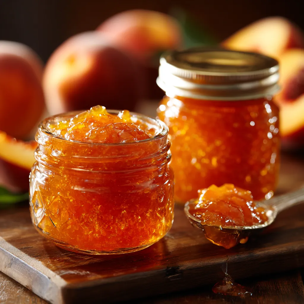 A jar of peach jam on a wooden table.