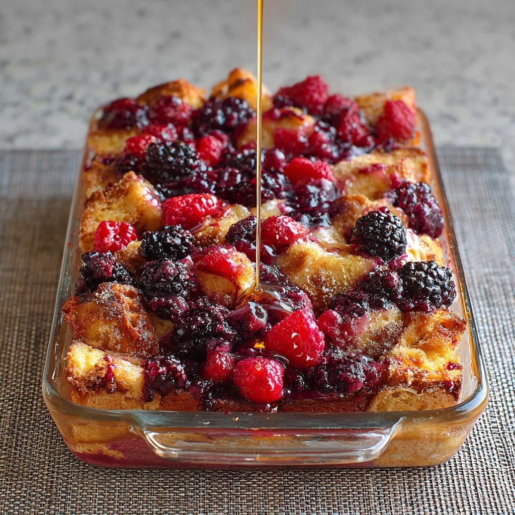 A glass dish filled with berries and a syrup.