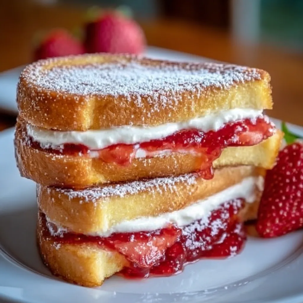 A stack of three sandwiches with strawberries on top.