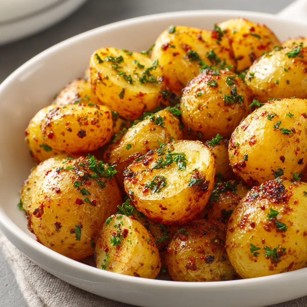 A bowl of potatoes with herbs on top.