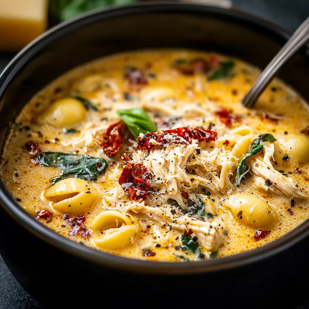 A bowl of soup with chicken and vegetables.