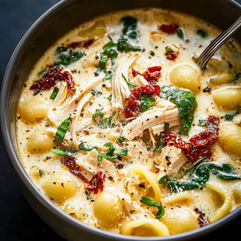 A bowl of soup with chicken and vegetables.