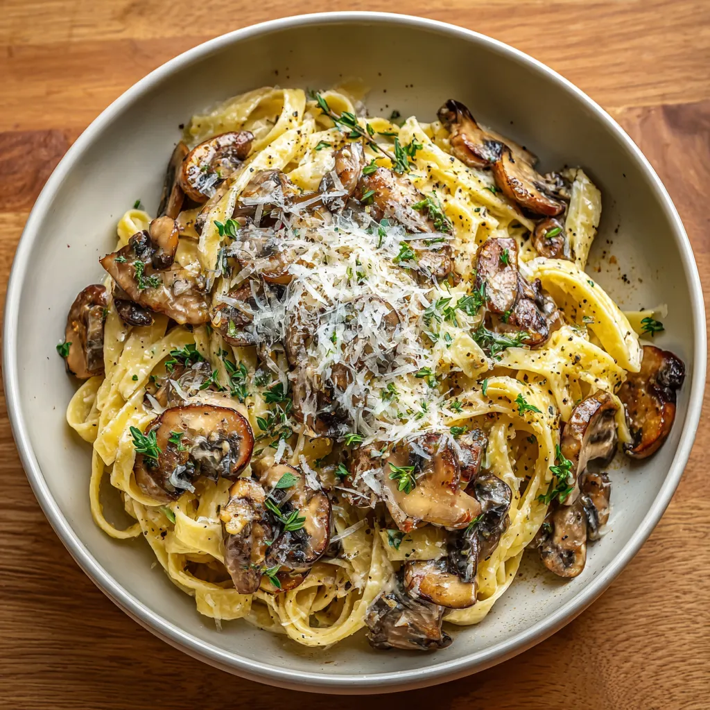 A bowl of pasta with mushrooms and cheese.