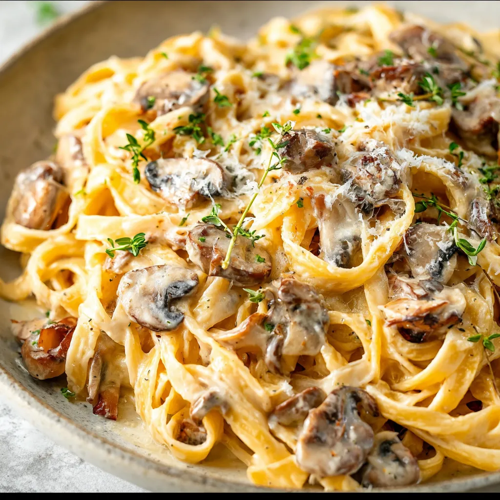 A bowl of pasta with mushrooms and cheese.