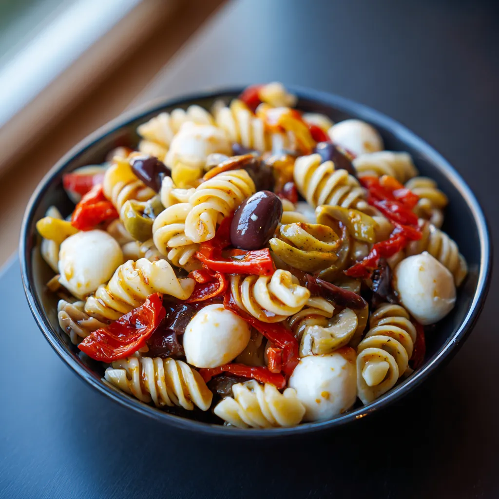 A bowl of pasta with tomatoes, olives, and cheese.