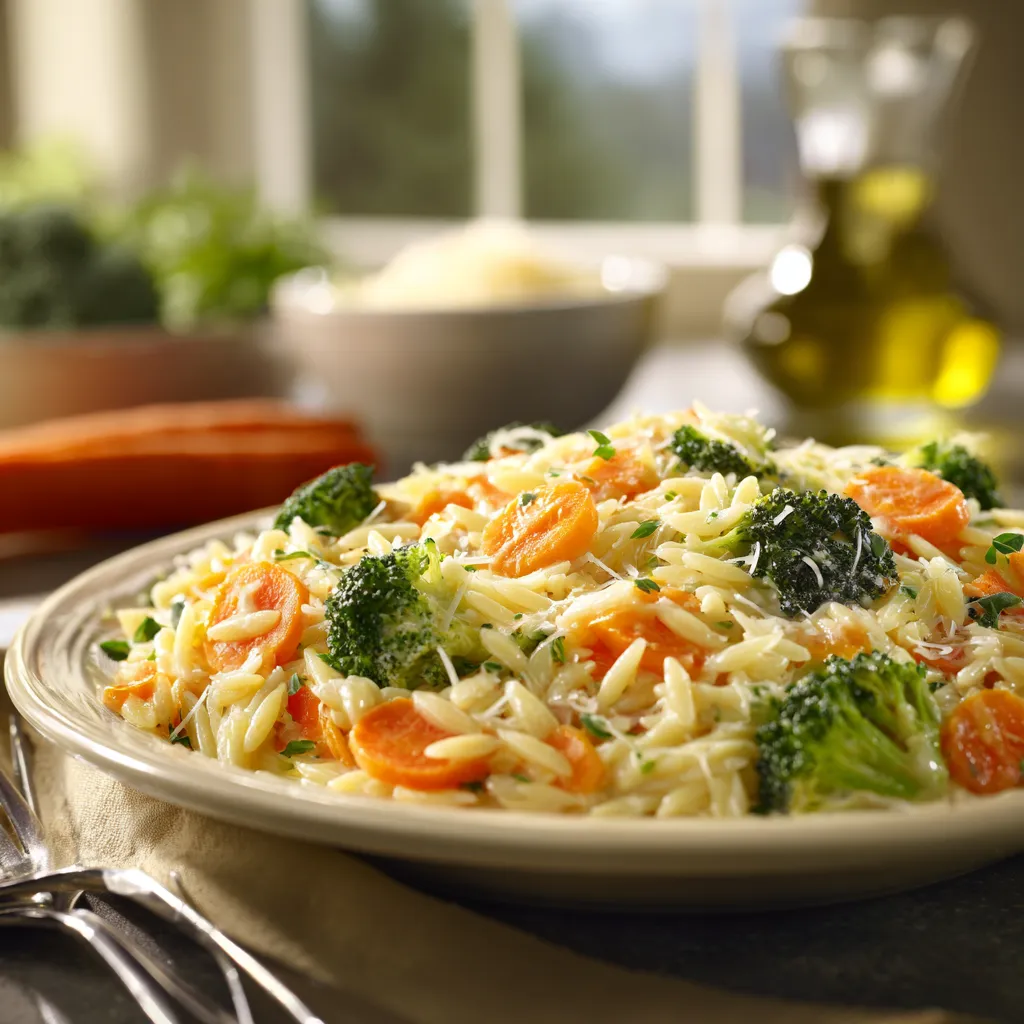 A bowl of pasta with broccoli and carrots.