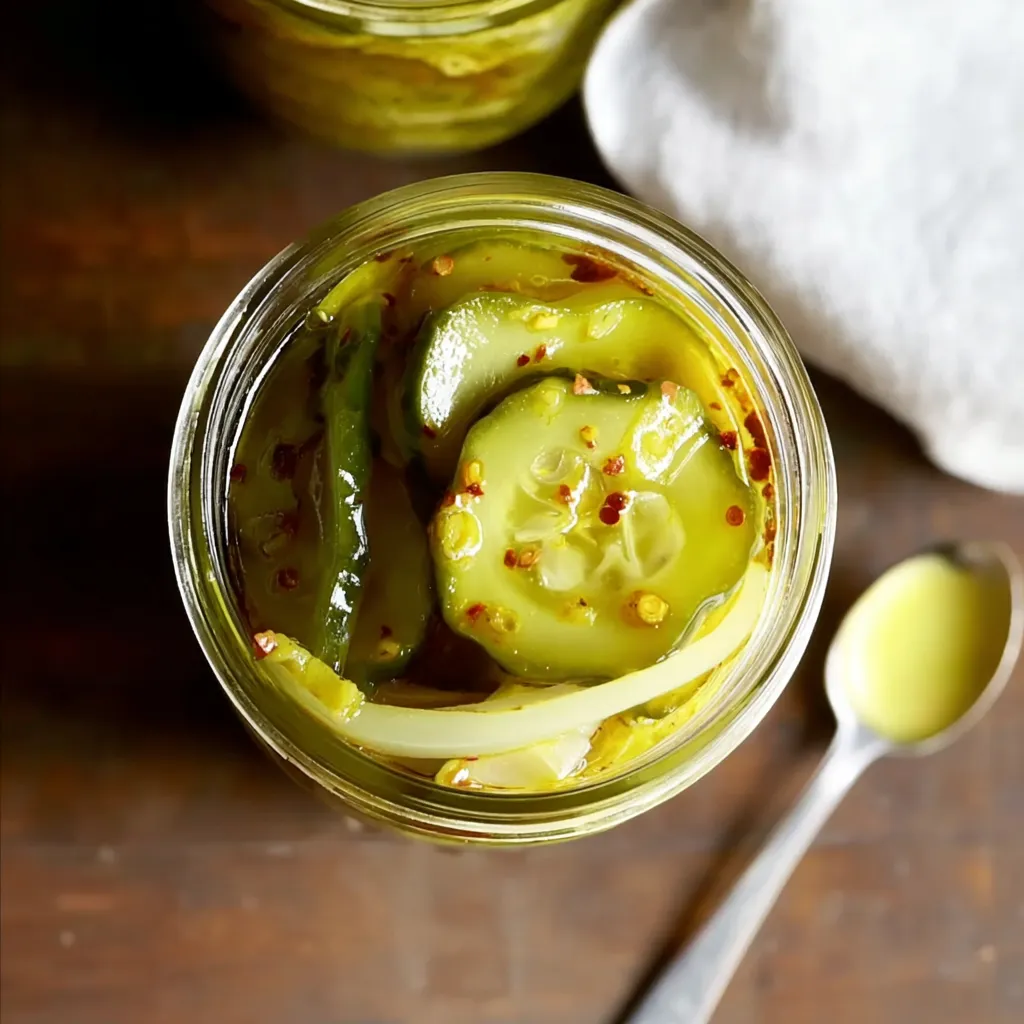 A jar of pickles with a spoon next to it.