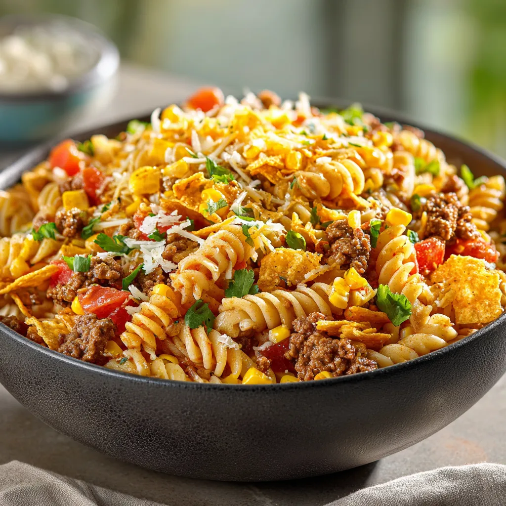 A bowl of pasta with meat and cheese.