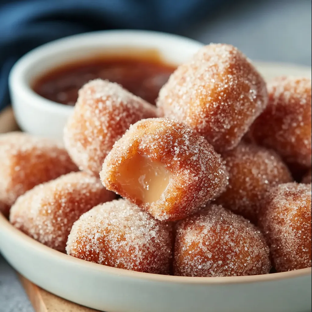 A bowl of sugar covered doughnuts.