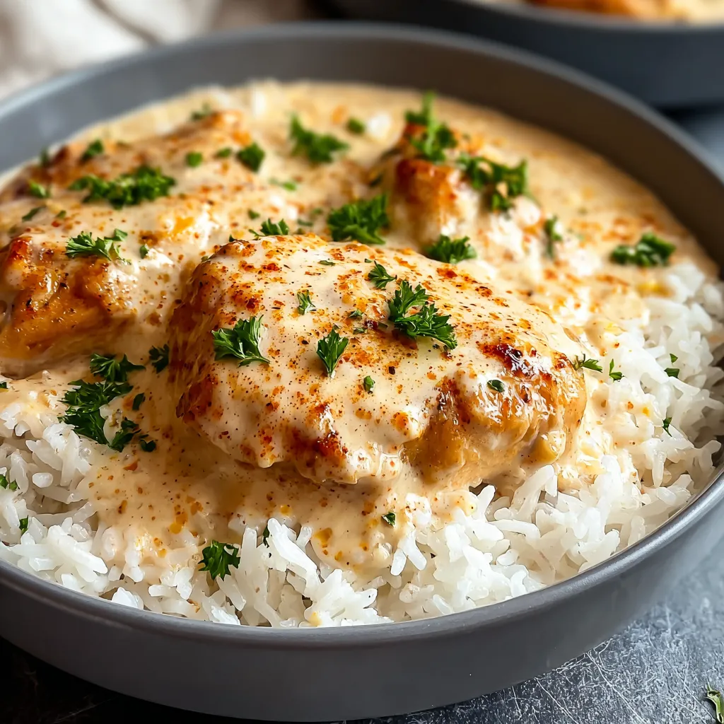 A bowl of rice with chicken and sauce.