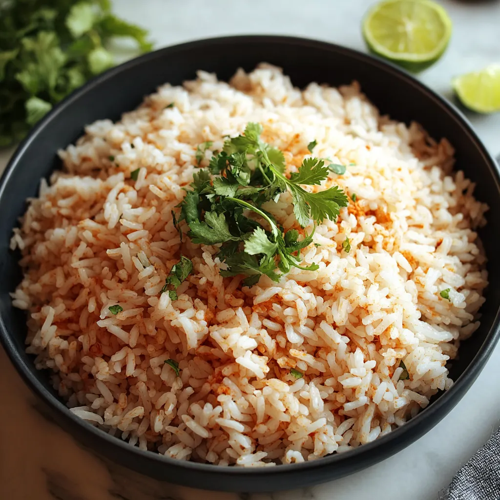A bowl of rice with a green herb on top.