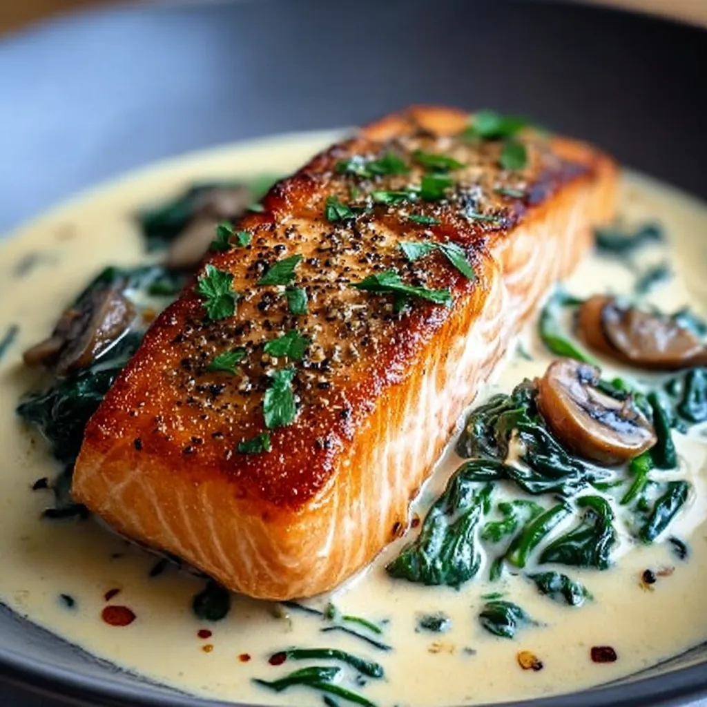 A piece of fish with mushrooms and greens on top.
