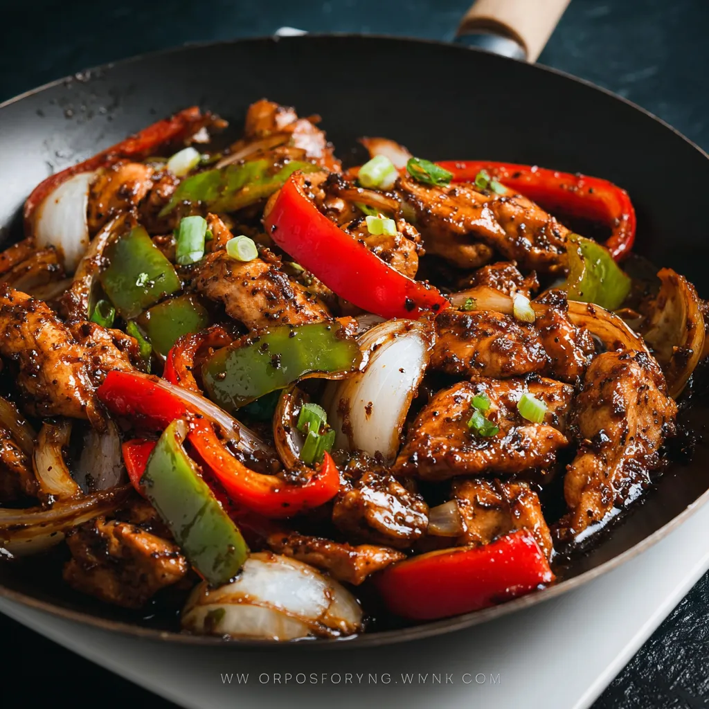 A pan of food with peppers and onions.