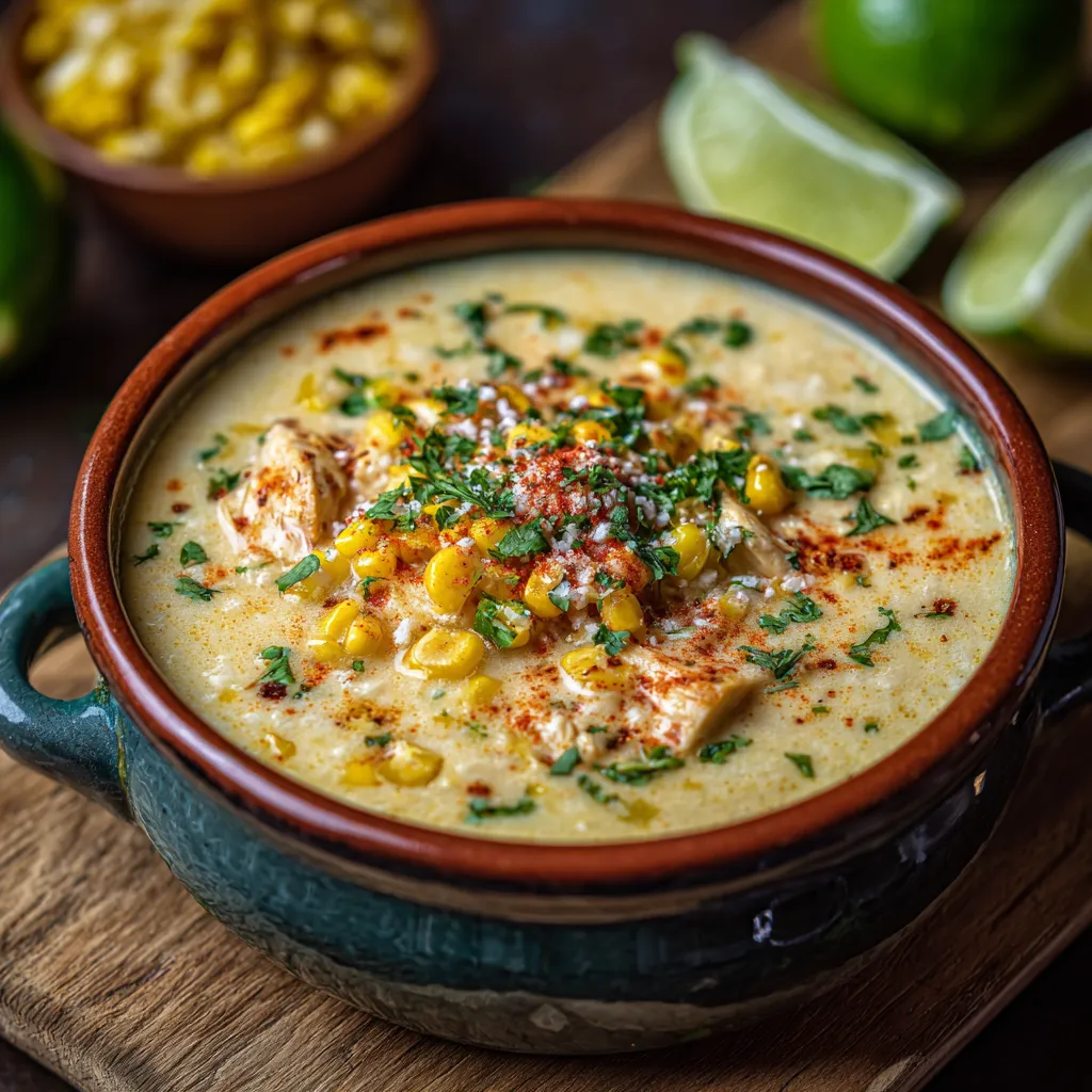 A bowl of soup with corn and lime.