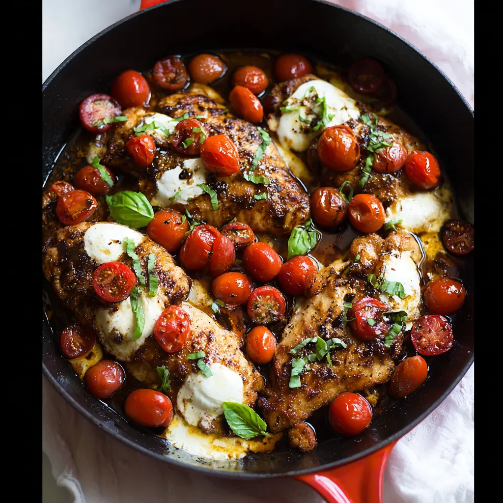 A pan of food with tomatoes and cheese.